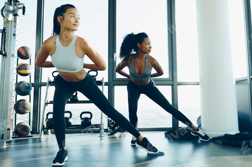 Preview: Two young women exercising in gym, doing aerobic workout
