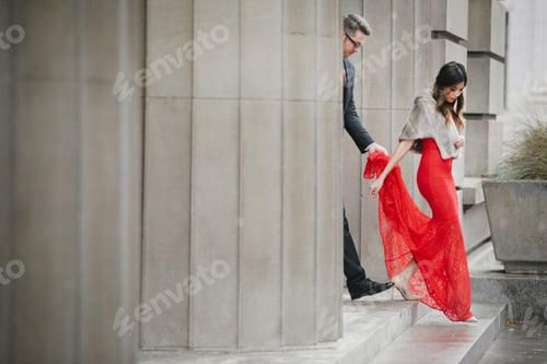 Preview: Man and woman, couple in evening dress outside in a city