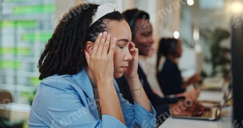 Preview: Call center, woman and consultant with headache of stress for lead generation, exhausted and overwo