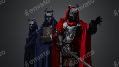 Preview: Haunted occultist with sword and two members of cult