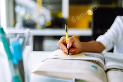 Preview: Female hand holding highlighter pen, highlighting marking important texts in study sheets.
