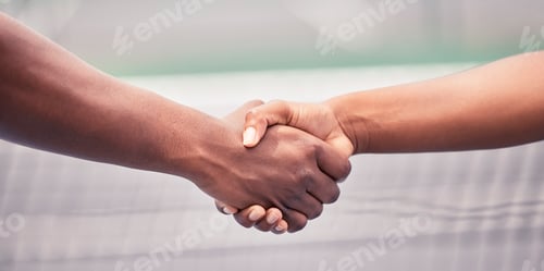 Preview: Closeup, handshake and sport for support, teamwork or respect outdoor at tennis court with diversit