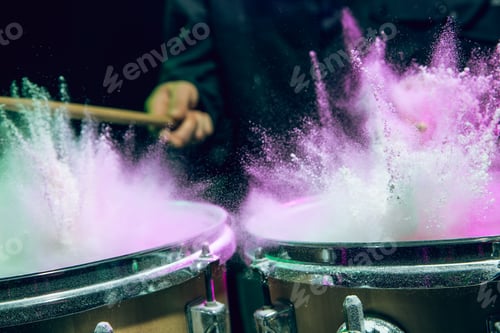 Preview: Drummer's rehearsing on drums before rock concert. Man recording music on drumset in studio