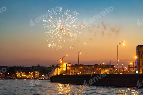 Preview: New year fireworks in city of saint-Petersburg. City embankment on holiday night