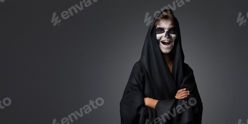 Preview: Halloween Costume Portrait, Wide Banner with Copy Space
