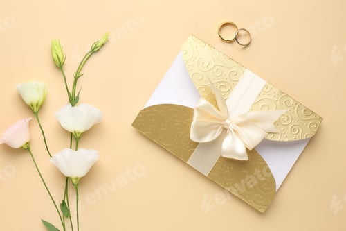 Preview: Wedding invitations top view. Gift boxes, wedding rings and various wedding trivia