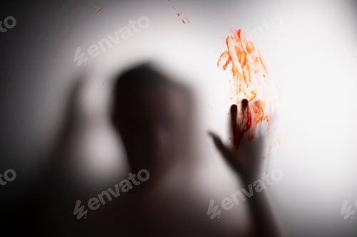 Preview: Shadowy figure, child behind glass with blood - horror background