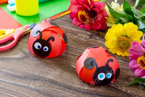 Preview: Paper Ladybug Crafts with Colorful Flowers and Art