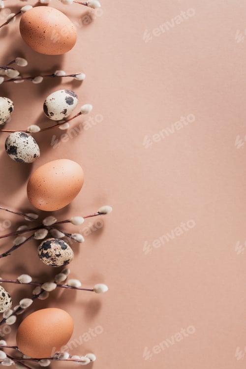 Preview: Easter background with natural color eggs and brown feathers
