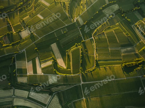 Preview: aerial view of green agro fields in evening, europe