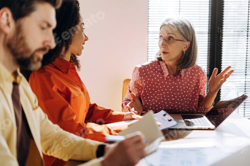 Preview: Senior businesswoman leading meeting with young colleagues