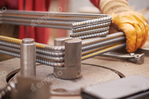 Preview: Steel reinforcement bars being shaped at a construction site