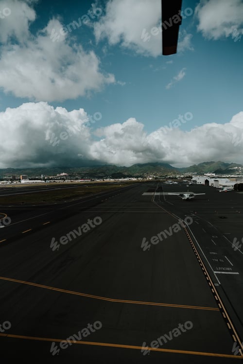 Preview: Air field runway airport helicopter view from plane above take off landing tropical island hawaii