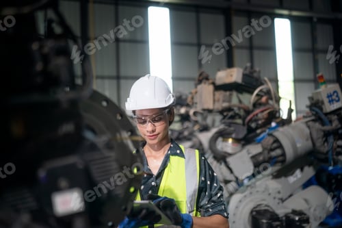 Preview: Technology Engineer's woman maintenance and check part of robotic machine