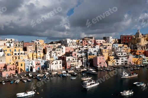 Preview: Aerial view of colourful fishermen's houses, on Procida Island, Bay of Naples, Italy.