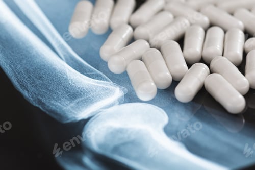 Vista previa: X-ray image and white capsules with dietary supplement or drug