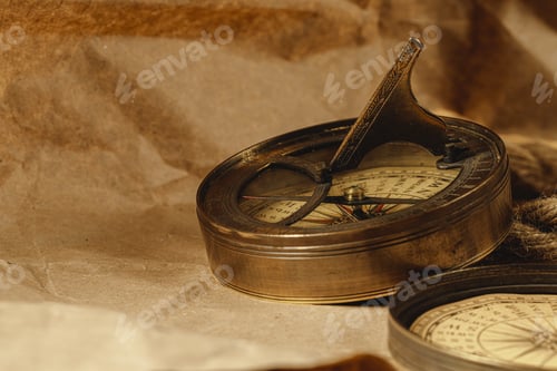 Preview: Ship rope and compass on wooden background