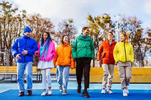 Preview: Multiracial group of young friends meeting outdoors in winter