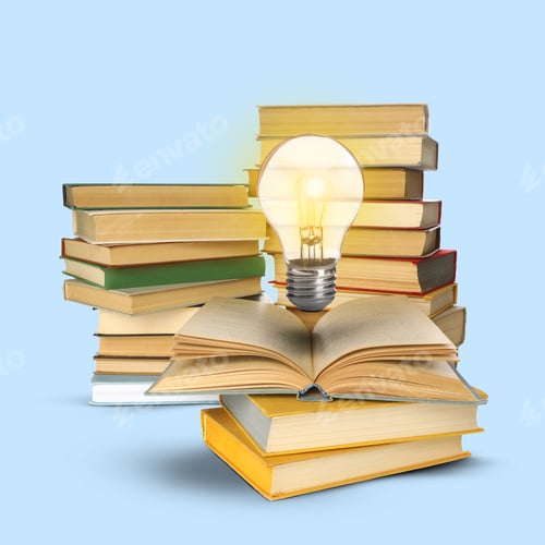 Preview: Light bulb in air over books on pastel blue background. Idea and knowledge