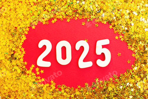 Preview: Number 2025 on christmas shiny red background with sparkle golden confetti