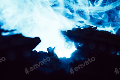 Preview: Toy tanks and soldier with blue smoke on black background, battle scene