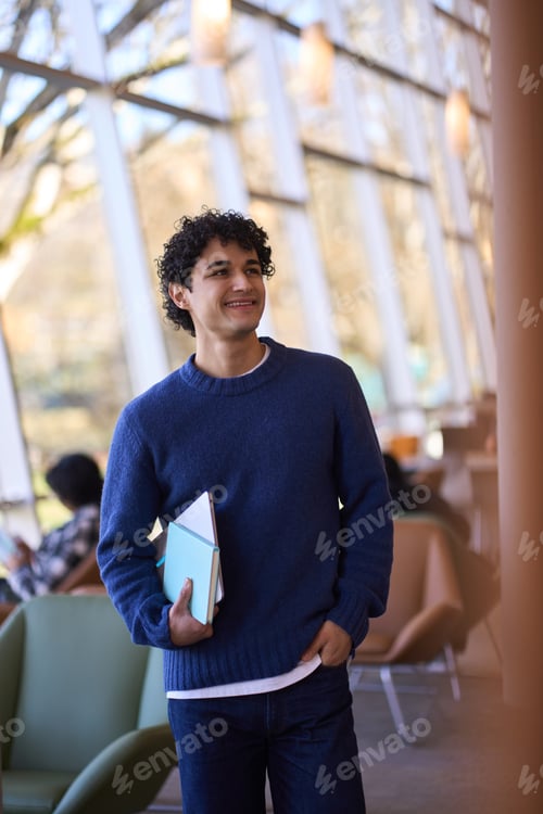 Preview: Smiling Hispanic guy holding laptop, looking aside while visiting a modern library