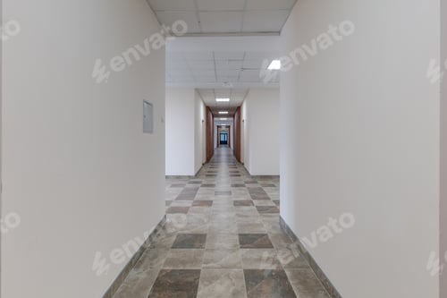Preview: white empty long corridor with red brick walls for room office in interior of modern apartments