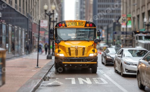 Preview: School bus USA. Yellow classic public bus on the street, only bus lane, American city downtown