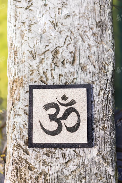 Preview: Top angle view of an Om sign on tree trunk over water. Yoga and meditation concept. Vertical shot