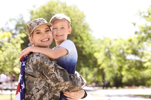 Preview: American soldier with her son outdoors. Military service