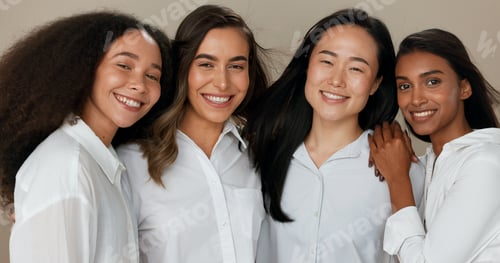 Preview: Women, friends and diversity for, skincare, face beauty and cosmetics inclusion, support and love o