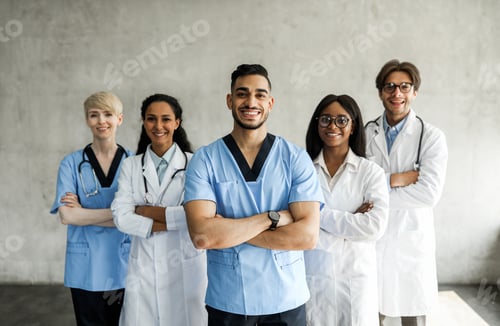 Preview: International team of doctors posing together while having morning breefing