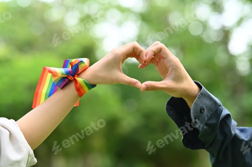 Preview: Lesbian couple making heart with their hands on blurred nature background.