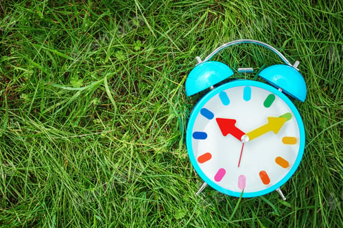Preview: Alarm clock on green grass, outdoors. Time change concept