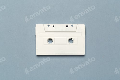Preview: One single retro audio cassette on light grey background, top view