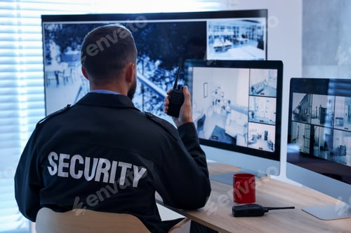 Preview: Security guard monitoring CCTV cameras and using walkie talkie in office, back view