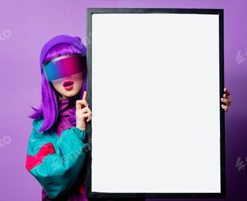 Preview: Style woman in VR glasses and 80s tracksuit and mockup frame