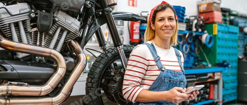 Preview: Mechanic woman holding phone sitting over platform with motorcycle on factory