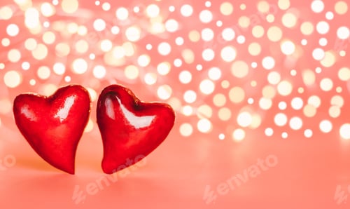 Preview: Valentine's day card. Two red hearts on the background of blurry lights, banner.
