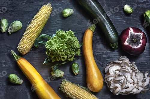 Preview: Organic vegetables on wooden table. Top view