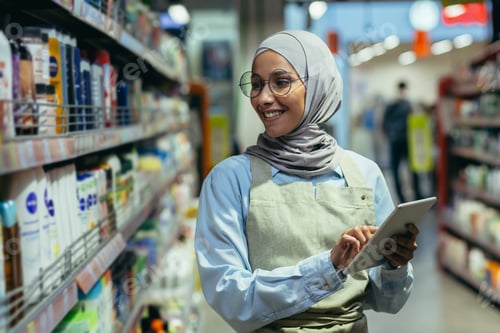 Preview: A woman checks products and goods in a supermarket, a Muslim woman in a hijab uses a tablet near a