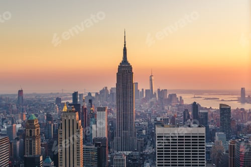 Preview: New York City Skyline with Urban Skyscrapers at Sunset, USA