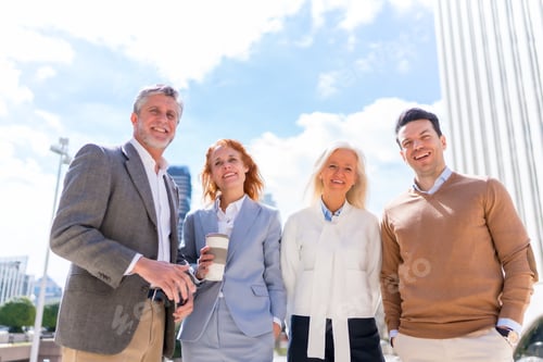 Preview: Portrait and looking at a tablet one morning smiling. Group executives or businessmen businesswoman