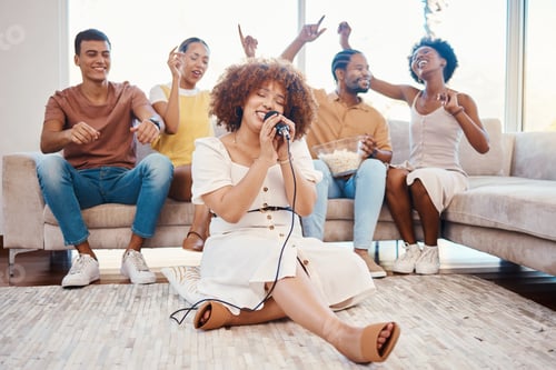 Preview: Microphone, friends or happy woman singing in home living room together in party on holiday vacatio