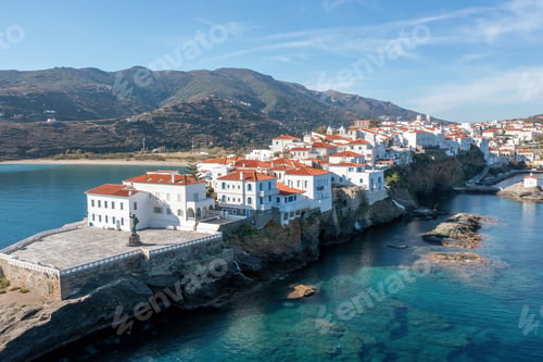 Preview: Greece. Andros Island, Chora town aerial view. Traditional buildings on cape.
