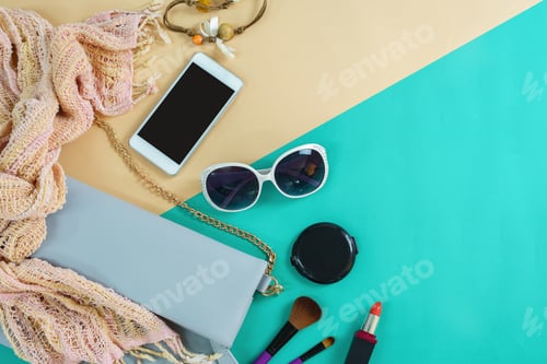 Preview: Fashionable Accessories and Makeup on Colorful Background