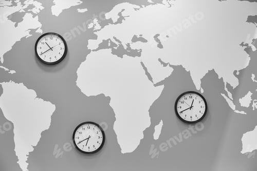 Preview: Clocks in a world map. Global time. Travel and geography