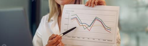 Preview: Close up of business woman present financial data or BI paper via laptop during online
