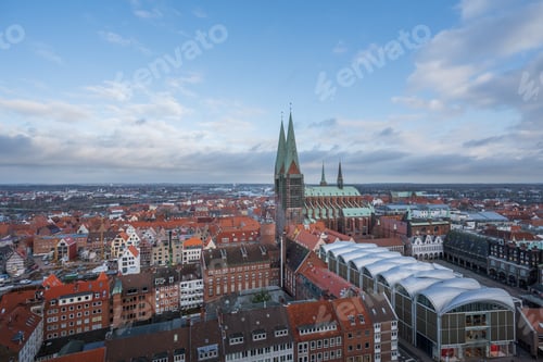 Preview: Aerial view of Lubeck with St. Mary Church (Marienkirche) - Lubeck, Germany