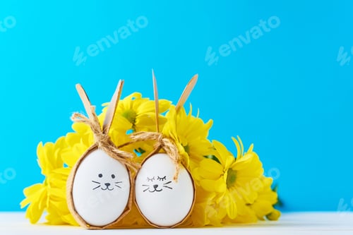 Preview: Two eggs with drawing faces with yellow flowers on a blue background